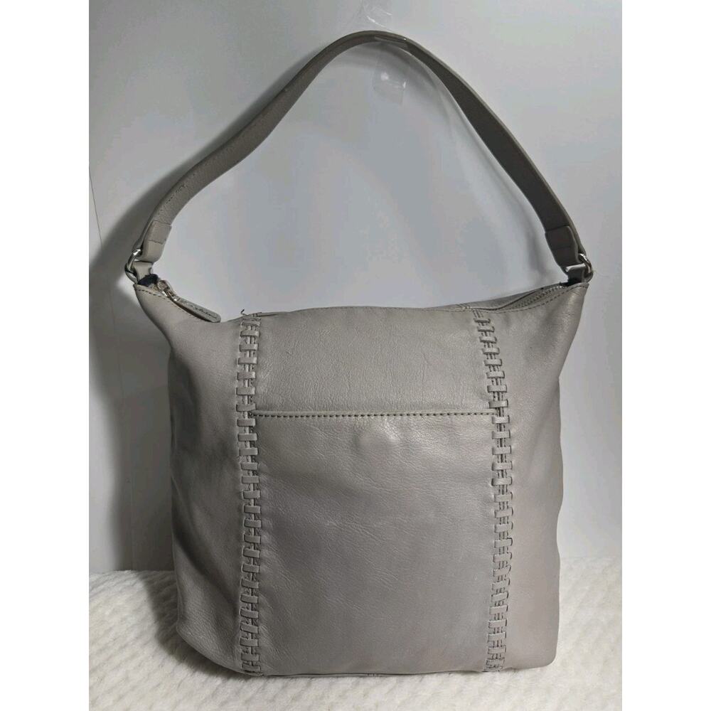 Tommy Bahama Gray Leather Hobo Shoulder Bag Whipstitch Zip Purse